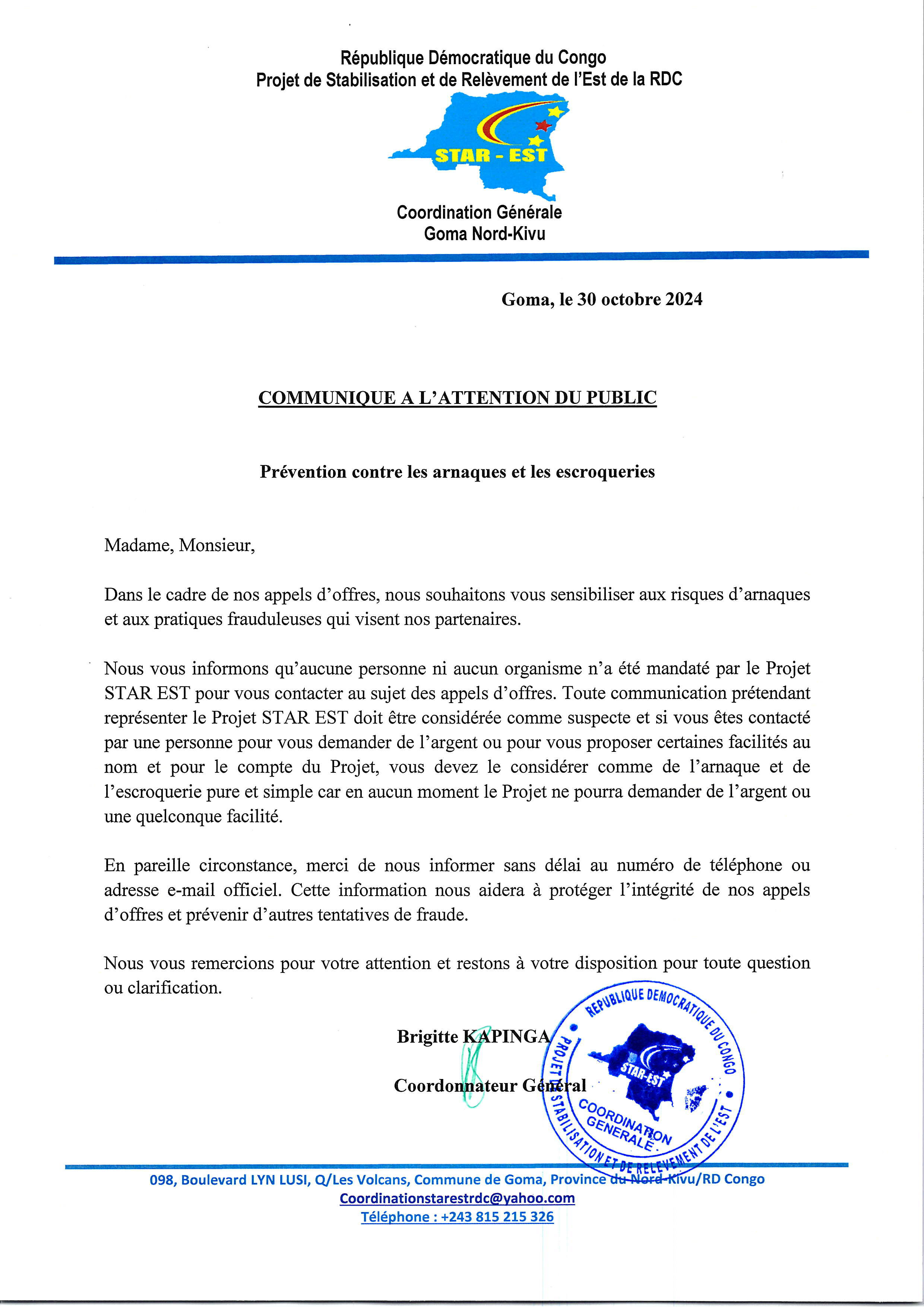 COMMUNIQUE A L'ATTENTION DU PUBLIC